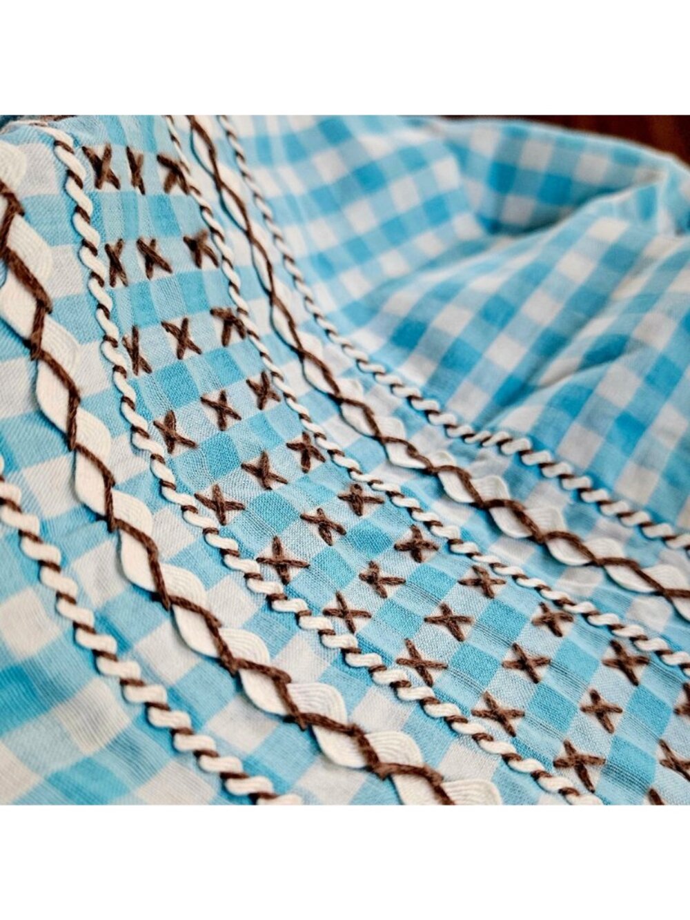 Vintage Handmade Turquoise Gingham Half Apron Hand Embroidery Rickrack Cotton - Picture 8 of 16